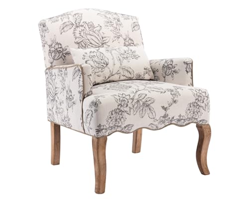 Shunzhi Floral Accent Chairs Farmhouse Upholstered Armchair Linen Reading Chair Mid Century Modern Single Sofa Chair with Pillow for Bedroom/Living Room/Fireplace, Beige, 1PC
