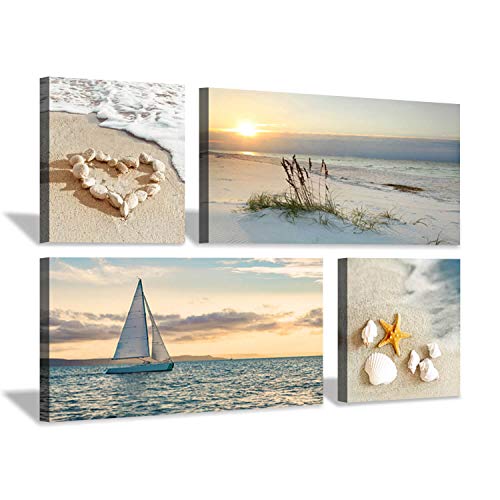 Hardy Gallery Wall Art: 4pc Beach Sunset Painting, Seascape Canvas Art for Bedroom (24x12x2 + 12x12x2, Acrylic)