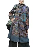 NFYM Women Winter Trench Coat Long Overcoat Printed Windbreaker Vintage Chinese Fleece Lined Warm Jacket (Flower Pattern, One Size)