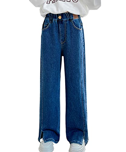 LittleXin Kids Girls' Fashion Elastic Waist Wide Leg Baggy Denim Pants Straight Washed Loose Jeans Age 5-14 Years