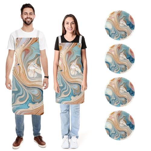Lot de 2 tabliers de cuisine en lin motif marbre réglables avec 2 poches