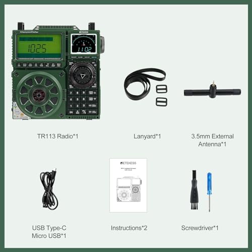 Retekess TR113 Shortwave Radio Receiver, AM FM LW WB VHF UHF AIR CB Full Band Radio with SSB Reception, 3 Antenna Ports and Extra Antenna, 1600 Presets, BT, SOS Alert, Rechargeable Battery