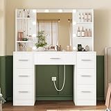 TEENFON Large Makeup Vanity, Vanity Desk with Mirror and Lights, Power Strip, Makeup Vanity Table with 7 Drawers, 4 Shelves and 5 Jewel Hooks, Bedroom, White