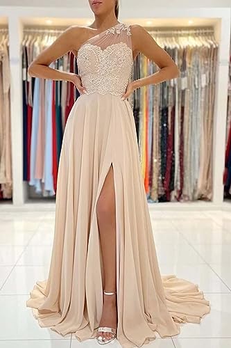 One Shoulder Prom Dresses Sleeveless Formal Dresses Side Split Evening Dresses Chiffon Party Dresses 2024 Lace Illusion Back2