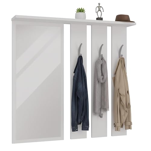 CDF Appendiabiti a Parete con Specchio e Mensola Pannello Guardaroba Moderno con 6 Ganci per Ingresso e Corridoio Organizzazione Casa Salvaspazio 85 x 15 x 82 cm - Bianco Opaco