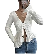 WDIRARA Women's Tie Front Long Bell Sleeve Cardigan V Neck Ruffle Hem Sweater Knit Top