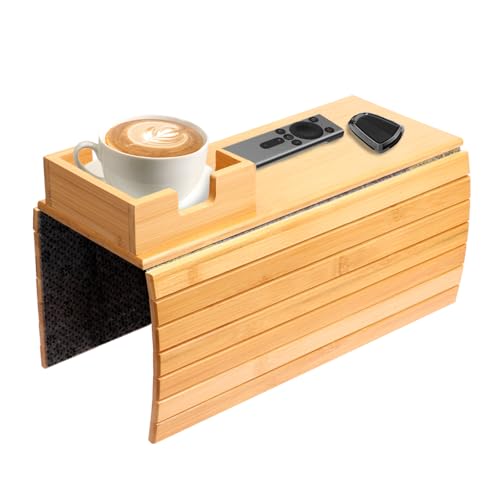 LuLobtg Foldable Wooden Couch Arm Tray with Cup Holder, Anti-Slip Sofa Table, Couch Armrest Organiser for Snacks, Mobile Phone, Remote, and Drinks