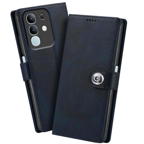 Image of Genuine Leather Inside Back TPU Wallet Button | Magnetic Stand Dual Layer Flip Cover Compatible for Vivo V2534 / Y31Pro 5G - Navy Blue