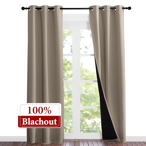 Image of NICETOWN Taupe Full Shade Curtain Panels, 37 inch Wide x 80 inch Long, Taupe, Pair of Thermal Insulated & Energy Efficiency Blackout Curtains for Living Room Windows, Lined Silky Performance Window Dressing