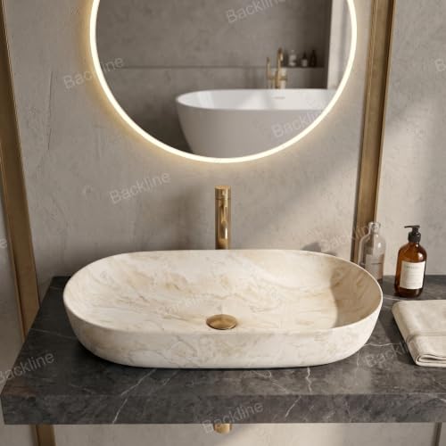 Image of Backline Ceramic 31.5 Inch Table Top Wash Basin | Big Size Basin | Counter Top Basin For Bathroom & Living Room 31.5 X 15 X 5 Inches (Matt Beige Marble Finish)(5 years warranty)
