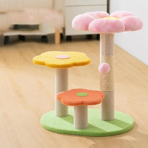 GEBYUI 可愛い花柄ミニキャットタワー 据え置き型キャットツリー ふわふわ猫ベッド付き 麻紐爪とぎ・ポンポンボールおもちゃ搭載 高い安定性省スペース 多頭飼い・猫運動不足解消に最適