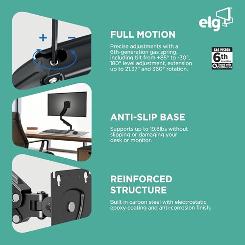 Image of ELG F80N-Single Monitor Desk Mount, 360 Degree,Adjustable Gas Spring Monitor Arm Support 17Inch-35 Inch Screen, Computer Monitors Stand with Clamp /Grommet Mounting Base, VESA Mounts Fit,2Kg-9Kg,Black