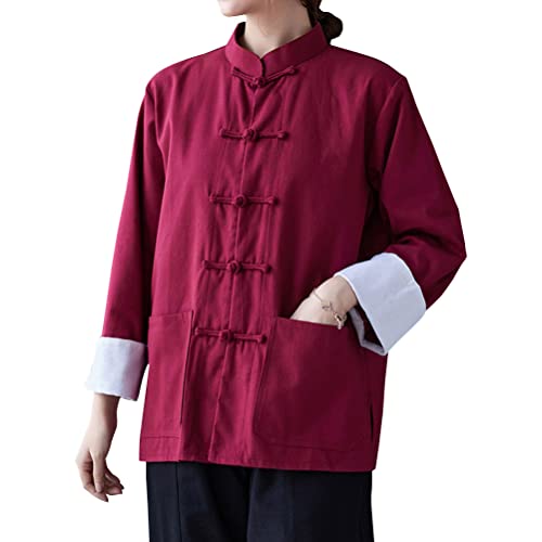 HHHH Women's Kung Fu Jacket Frog Button Mandarin Collar Loose Fit Blouse Chinese Tang Shirt Tai Chi Training Uniform (L, 60# Red)