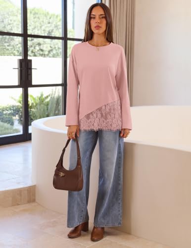 MEROKEETY Women's Long Sleeve Tops Fall Lace Patchwork Shirts, Pink, M — view 5