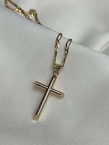 14K REAL Gold Polished Classic Cross Pendant with 1.9mm Solid Figaro 3+1 Chain Necklace For Women and Men - Various Sizes2