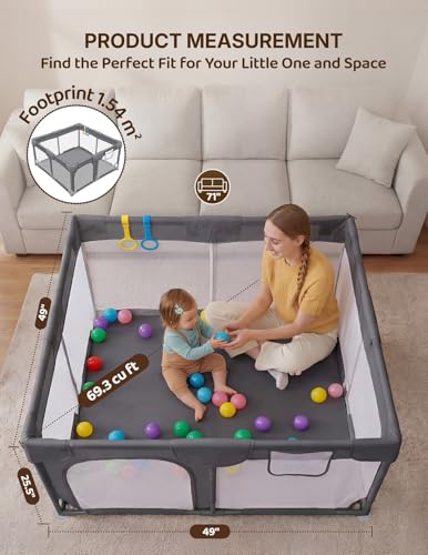 Image of Dripex Baby Playpen, 47 inchx47 inch Small Play Pen for Babies, Dark Gray | Included Colorful Balls / Pull up Rings, Breathable Visible Mesh, Anti-Fall Design, Easy Setup, Indoor /Outdoor Use