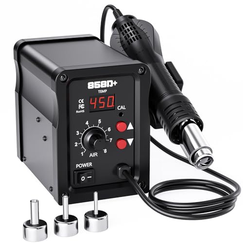 700W Heißluft Lötstation，858D Hot Air Rework Station mit LED Display, 3 Düsen, 100-450°C Temperatur Einstellbar SMD Entlötstation für DIY, Nachbesserungen, Repara (EU-Stecker)