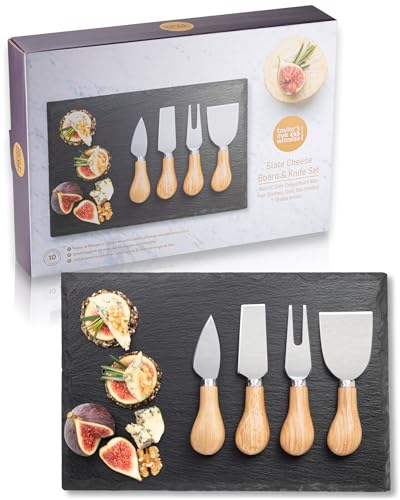 4 Piece Cheese Knife Set & Slate Board - Stylish Cheese Knives Set With Useful Slate Board With Stag Design. Oak Wood Handles & Classic Polished Stainless Steel Blades. 10 Year Guarantee.