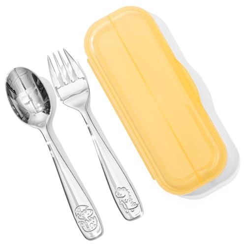 KINGSTONE 2 Pcs Kids Utensils with Case, 18/10 Stainless Steel, Dinosaur