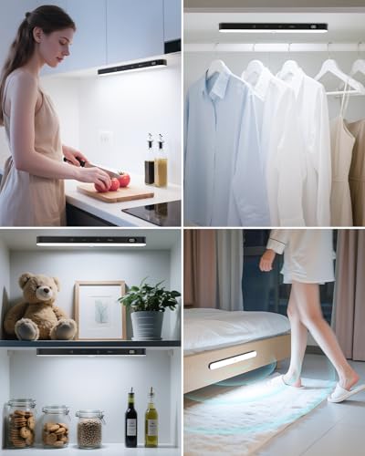 Image of Ferswe Under Cabinet Lights Rechargeable, Battery Level Display, 60 LED Motion Sensor Cabinet Light, Dimmable Touch Control, Under Counter Lights for Kitchen, Closet, Cupboard(2 Pack)