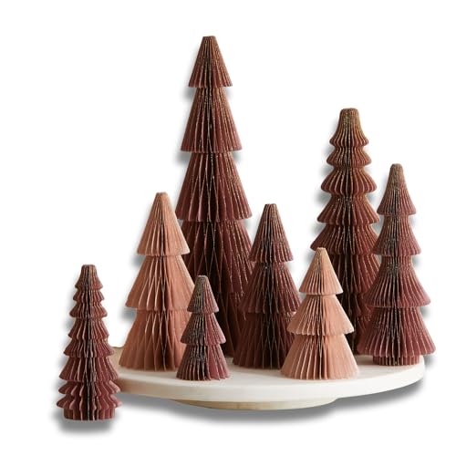 Honeycomb paper tree set of 8, dusty mauve subtle home decor, pink winter scene,Christmas mantel decor, holiday festive charm, nostalgic paper (Set 8 Dusty Mauve)