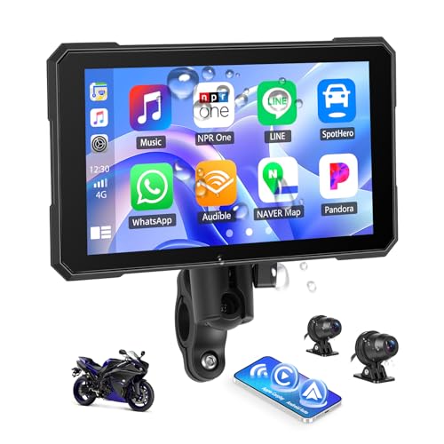 CAMECHO Motorcycle Carplay Screen with Dash Cam Front and Rear Camera Wireless Car Play & Android Auto for Moto Motorbike 5 Waterproof Touchscreen Bluetooth Navigation Voice Control WiFi Video