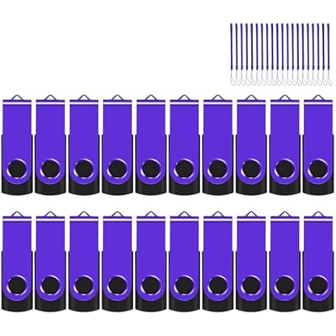EASTBULLUSB Flash Drive Bulk 16GB 20 Pack with Lanyards USB 2.0 Thumb Drive Bulk Memory Stick Swivel Pen Drive for Storage and Backup 16GB 20 Pack, Purple Cover