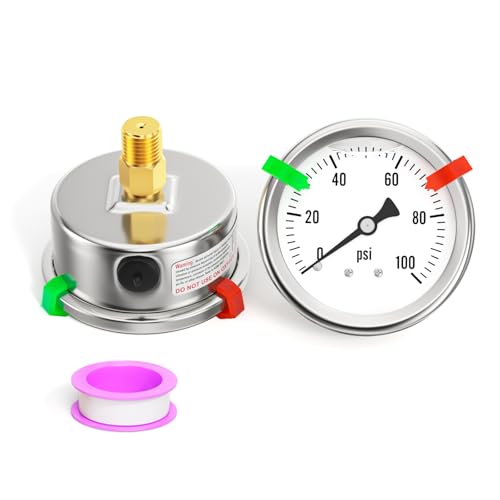 Image of 0-100PSI Stainless Steel Liquid Filled Pressure Gauge, 2.5 inch Single Scale Face Dial, 1 /4 inch NPT Back Mount, for Tube, Water Pump, Gas, Liquid, Pressure Test (with Range Mark Pointer)
