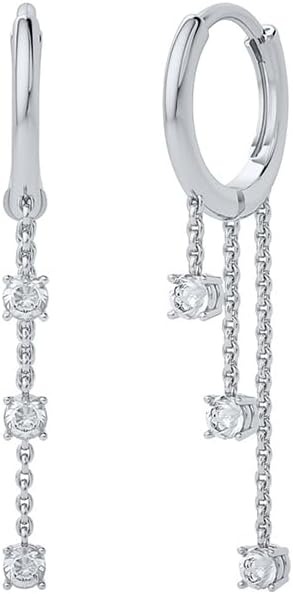 Dainty Clear CZ Chain Dangle Hoop Earrings for Women, 925 Sterling Silver Huggie Hoop with Chain Drop Charm, Hypoallergenic Jewelry for Everyday Wear