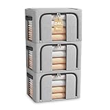 BOUDOI Storage Boxes Organiser,3 Pack Clothes Storage Boxes With Double Opening Zip Clear Window＆Steel Frame,Foldable＆Waterproof Wardrobe Fabric Storage Box for Storing Bedding,Blankets,Duvets