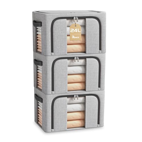 BOUDOI Storage Boxes Organiser 3 Pack Clothes Storage Boxes With Double Opening Zip Clear WindowSteel Frame FoldableWaterproof Wardrobe Fabric Storage Box for Storing Bedding Blankets Duvets