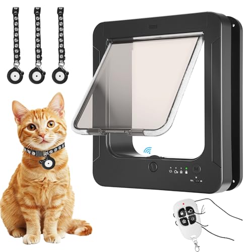 Smart Cat Door with 3 Collar Sensor, RFID Cat Door Collar Activated with Remote Control, 4 Way Locking Cat Flap Automatic Pet Door