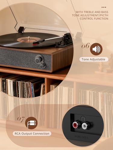Image of Record Player Vintage Turntable for Vinyl Records Built-in Stereo Speakers LP Phonograph Auto Stop Tone Adjustment Belt Drive 3 Speed 3 Size Support Wireless Input RCA Output Retro Coffee Brown