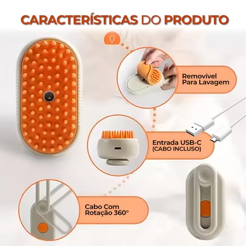 Escova a Vapor para Remoção de Pelos de Animais com Função de Massagem - Ideal para Gatos e Cães de
