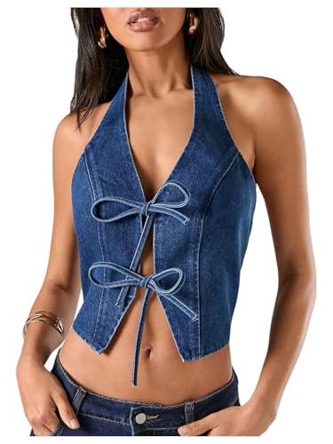SweatyRocks Women's Bow Backless Denim Halter Top Tie Front Sleeveless Crop Tank Tops