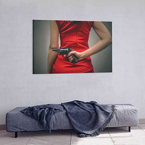 Sensuality Red Dress Women Gun Handgun Canvas Poster Bedroom Decor Sports Landscape Office Room Decor Gift,Canvas Poster Wall Art Decor Print Picture Paintings For Living Room Bedroom Decoration 24X36 #TOP3