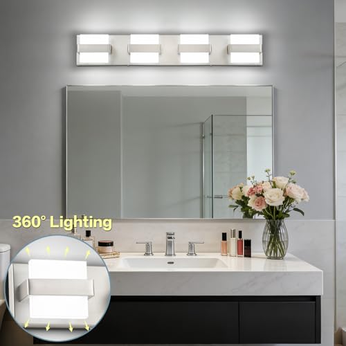 Image of SOLFART Brushed-Nickel Bathroom Light Fixtures, 4 Lights Bathroom Vanity Light LED Vanity Lights Brushed-Nickel Vanity Lighting, Dimmable