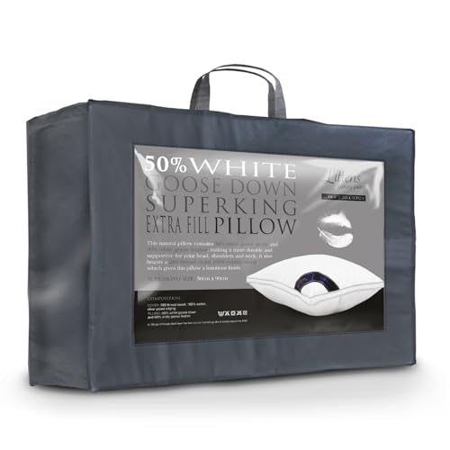 Littens Luxury Ultimate Collection Super King Extra Filled Pillow, 50% Goose Down & Feather, 280TC Cotton Casing, 50 x 90 cm