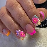 French Tip Press on Nails Medium Length Fake Nails Colourful Flower False Nails with Designs Pink Orange Nail Tip Small Daisy Acrylic Nails Full Cover Glossy Stick on Nails for Women Girls Manicure