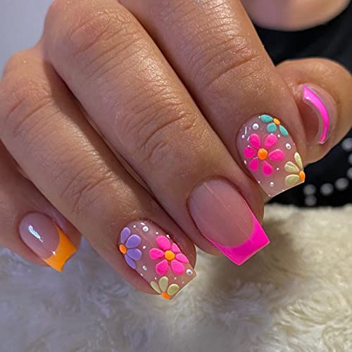 French Tip Press on Nails Medium Length Fake Nails Colourful Flower False Nails with Designs Pink Orange Nail Tip Small Daisy Acrylic Nails Full Cover Glossy Stick on Nails for Women Girls Manicure