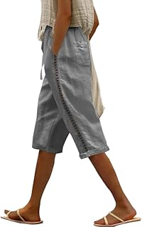 Womens Bermuda Shorts Solid Color Linen Casual Side Lace Summer Drawstring Pants with Pocket for Beach Vacations - Buy now