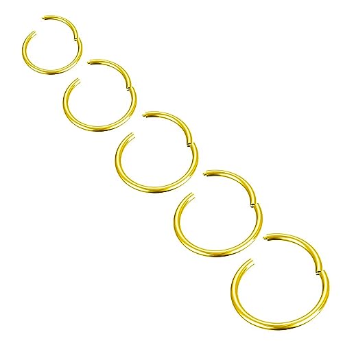 Body CAC Titanium 5PCS-20G(0.8mm) Gold Hinged Clicker Nose Ring Hypoallergenic Full Hoops, Implant Grade Clasp Segment Sleeper Seamless Earrings Helix Piercing For Women