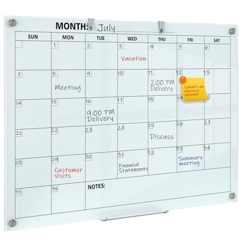 Glass Dry Erase Calendar for Wall, 48 x 36 Inches Magnetic Glass Monthly Calendar Whiteboard, 4' x 3' Frameless Planner Board for Office, Home, School