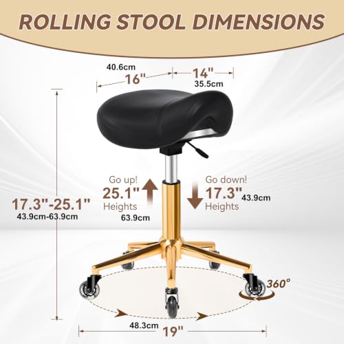 Image of Saddle Stool with Wheels Ergonomic - Thick Wide Saddle Cushion, Healthy Posture No Pain, Easy to Adjust, Smooth Rolling No Creaky Noises, Rolling Swivel Saddle Stool Chair for Salon Massage (Black)