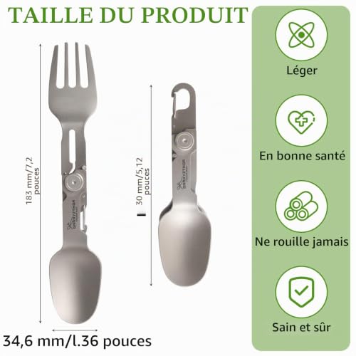 Gnaxyzthor Titane Camping Cuillère Fourchette, Titane Ultra Légère Réutilisable Cuillère et Fourchette Pliantes 2 en 1 Équipement et Accessoires de Cuisine pour Le Camping, Idéal pour Les Randonneurs – vue 2