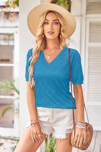 Image of Arach&Cloz Women's Lightweight Spring Summer Sweater Tops Casual Short Sleeve Blouses Shirts