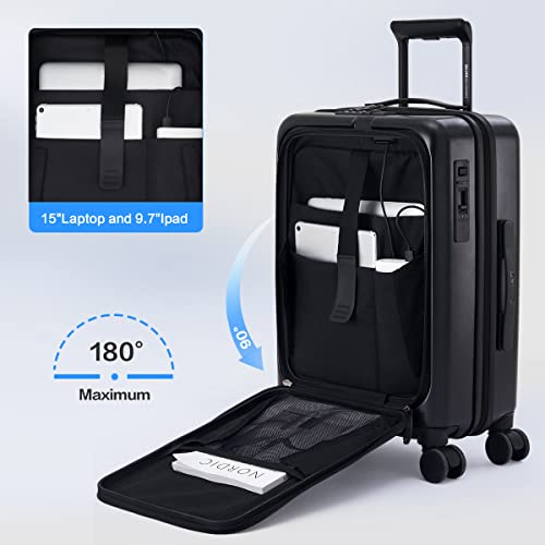 Oiwas Carry On Luggage Pc Hard Case Travel Suitcase 8 Spinner Wheels Rolling Luggage With Front Compartment, Double Tsa Locks (Black, Carry-On 20-Inch) #TOP1