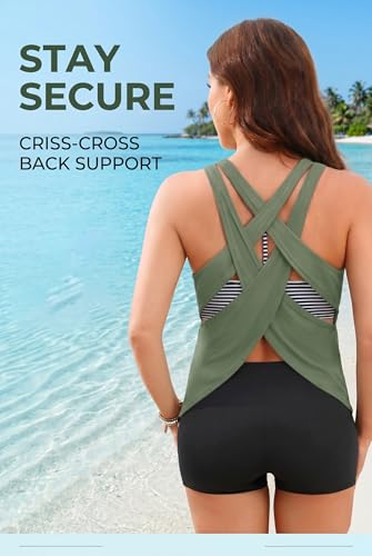 Image of 3 Piece Swimsuits Open Tie Back Tankini Top And Athletic Swim Shorts | Supportive Strappy Swim Bra, Adjustable Straps, Removable Pads, Tummy Control Boy Shorts, Quick Dry Fabric, XXS-20 Plus