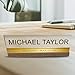 Artblox Personalized Office Desk Name Plate with Business Card Holder | Clear Acrylic Glass with Teak Wood Stand | Gold Stripe Design Customized with Your Name and Credentials Office Desk Décor