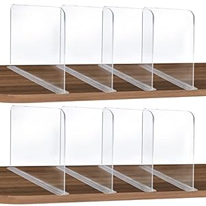 ROUFA 8Pcs Clear Acrylic Shelf Dividers, Adjustable Closet Organizer Fit for Any Thickness of Shelves, Multi-Purpose Wood Shelf Separators for Bedroom, Kitchen, Office, Bathroom, 11.8”x11”